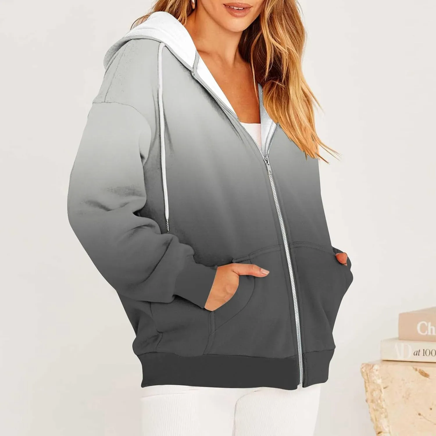 Zip Up Hoodie for Women Gradient Colors Y2K Sweatshirt Hoodies Sweater Casual Fleece Lined Track Jackets with Pockets