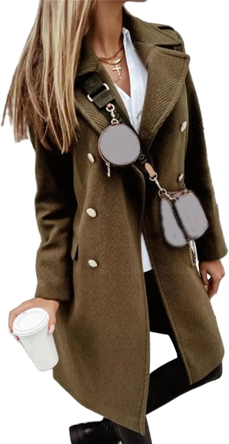 ZWRXW Notched Lapel Pea Coat for Women Double Breasted Wool Blend Over Coats Casual Solid Mid Long Trench Coat with Pockets