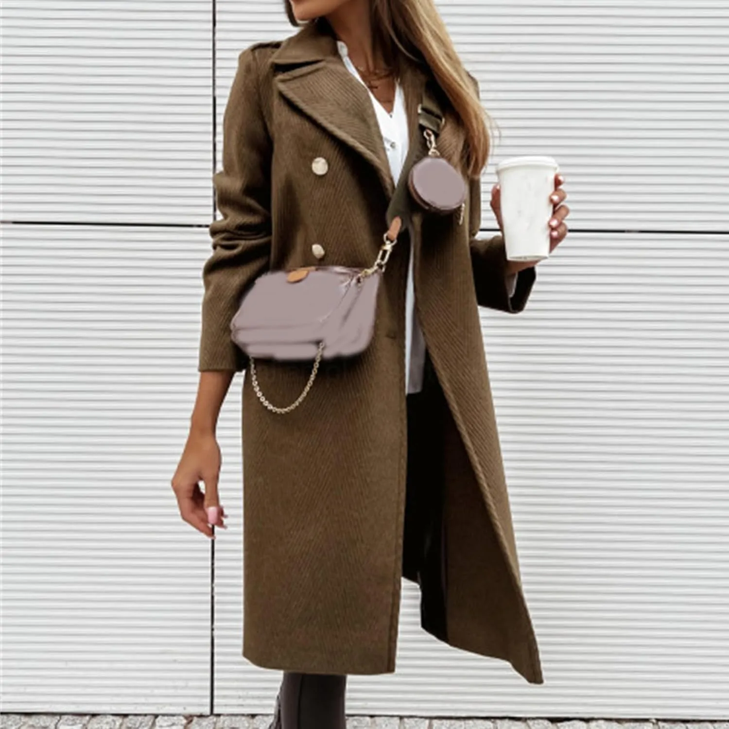ZWRXW Notched Lapel Pea Coat for Women Double Breasted Wool Blend Over Coats Casual Solid Mid Long Trench Coat with Pockets