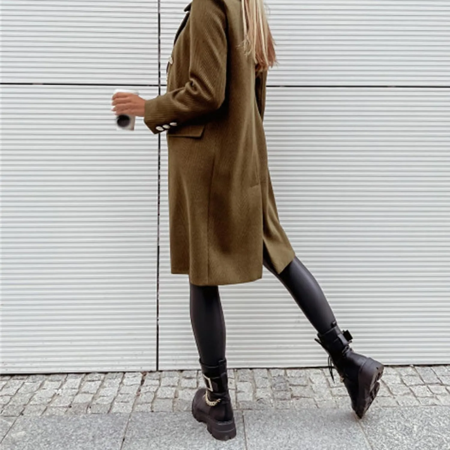 ZWRXW Notched Lapel Pea Coat for Women Double Breasted Wool Blend Over Coats Casual Solid Mid Long Trench Coat with Pockets