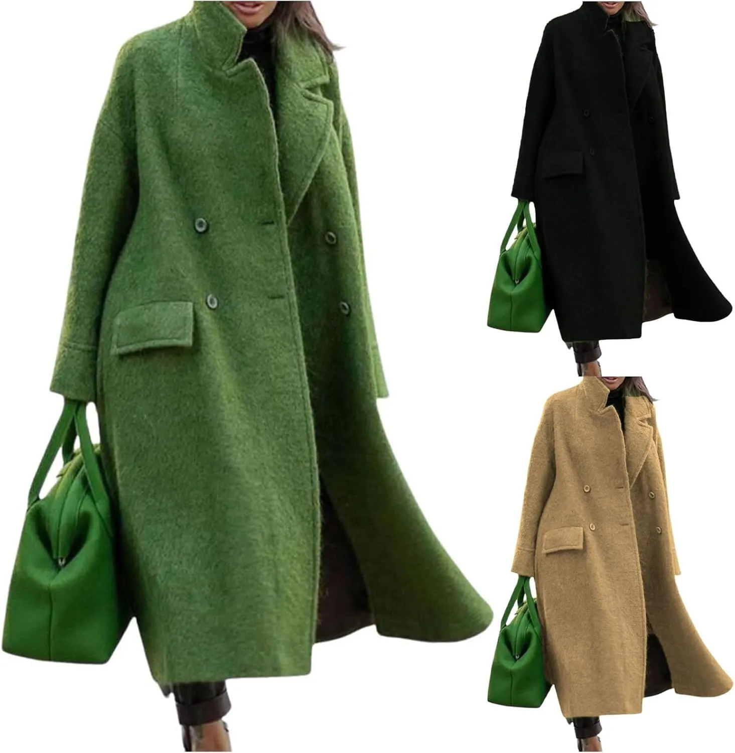 ZWRXW Womens Long Pea Coats Double Breasted Notch Lapel Trench Coat Classic Long Sleeve Loose Overcoats Winter Dressy Jackets