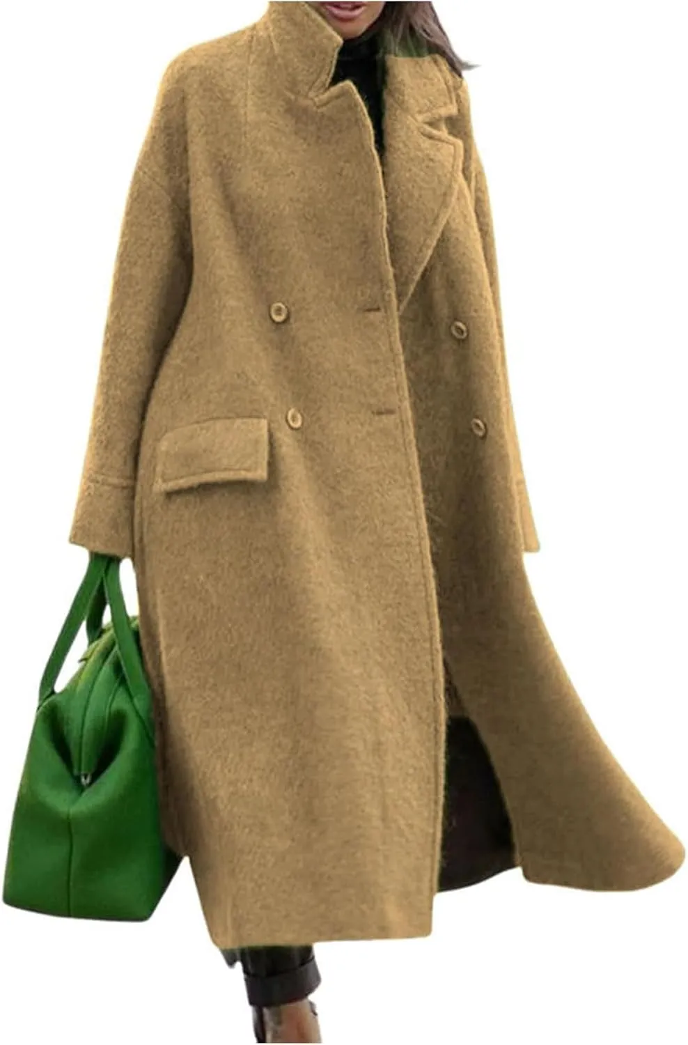 ZWRXW Womens Long Pea Coats Double Breasted Notch Lapel Trench Coat Classic Long Sleeve Loose Overcoats Winter Dressy Jackets